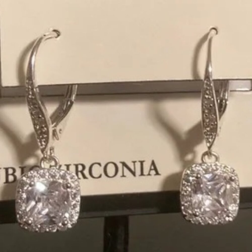 NAPIER Romantic Silver Square Shaped Clear CZ Stone Halo Drop Earrings**NEW!